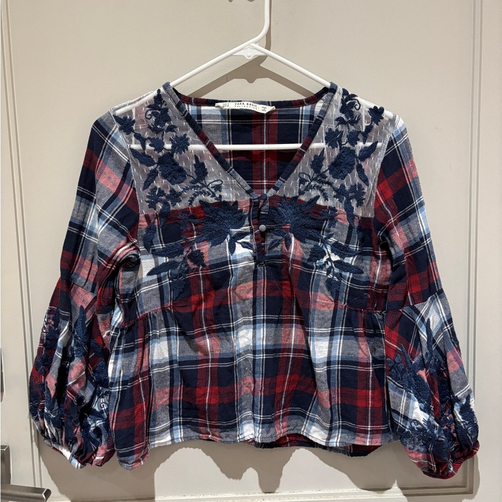Zara Red and Blue Cropped Blouse